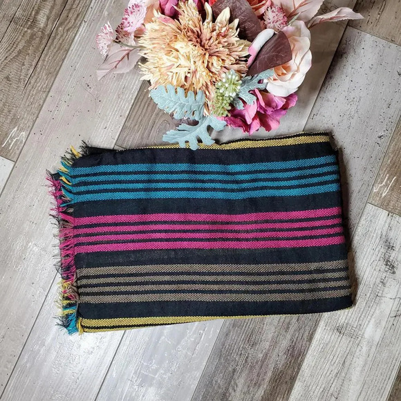 Target Black Multi-Color Fringe Edge Woven Striped Scarf EUC - Picture 3 of 16